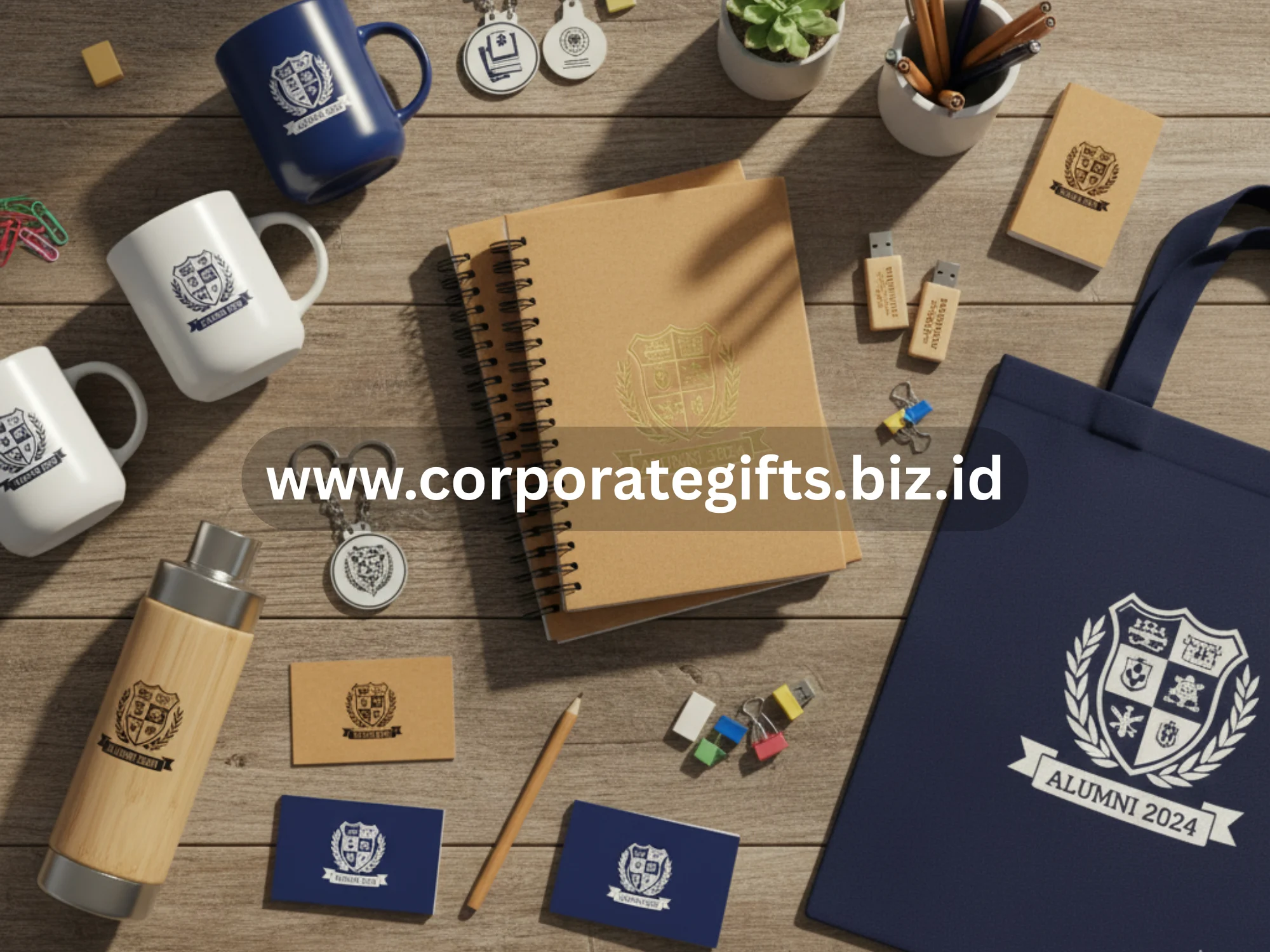 Tampilan flat lay berisi berbagai souvenir sekolah seperti gantungan kunci, mug, dan notebook dengan logo sekolah di atas meja kayu.